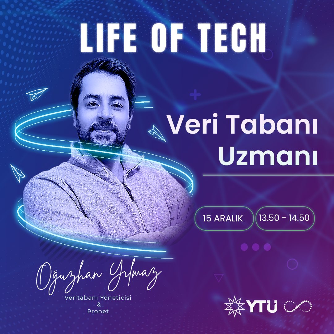 ebiltekytu's tweet photo. Pronet Veritabanı Yöneticisi Oğuzhan Yılmaz, 15 Aralık Perşembe günü “Veri Tabanı” konusuyla Life of Tech zirvemizde bizlerle birlikte. 💫💫
Sen de harika konuşmacıların, içeriklerin, çekilişlerin ve ikramların olduğu Life of Tech zirvesine katılmayı unutma! 🥳🥳
#ytü #ebiltek https://t.co/H1Qm04Fxrz