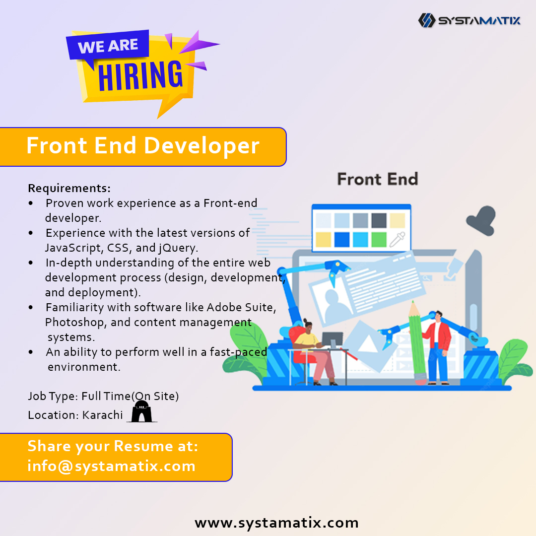 SystamatixInc's tweet photo. We’re hiring, Front End Developer.

Share your resume: info@systamatix.com

https://t.co/xXNR3ZTA1R

#hiring #HIRINGNOW #HiringAlert #Systamatix #Career #careeradvice #careergoals #jobsearch #Job #JobSeekers #Metaverse #NFTsales #FrontEndDeveloper #javascript #CSS #jQuery #Adobe https://t.co/xiDknAvapb