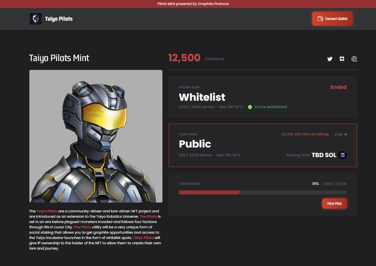 Pilot mint is ready to deploy.

First mint under the new <a href="/GraphiteProto/">Graphite Protocol</a> smart contract. 🚀

(Ignore numbers seen on screen they're just for demo purposes).

Mint process: 

-PilotList close
- $SCRAP raffle
- Oil snapshot
- Oil/Mint pass airdrop
- Mint WL + Dynamic SOL public.