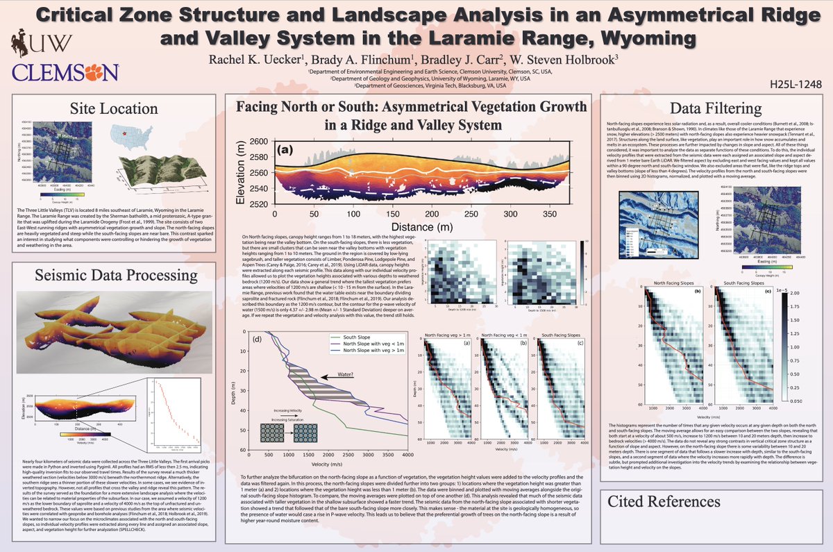 Are you interested in asymmetrical structure under hill slopes? How about differences in vegetation on north and south facing slopes? Come by today (12/13/22) and learn more about how we are using seismic refraction to characterize #criticalzone structure. #agu2022 #cczg