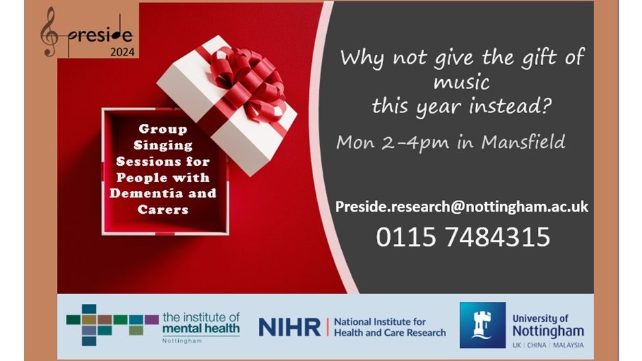 PRESIDE 2024 Study (@presidesinging) on Twitter photo Are you inspired by <a href="/OurDemChoir/">Our Dementia Choir with Vicky McClure</a> and <a href="/Vicky_McClure/">Vicky McClure MBE</a>?
Researchers <a href="/InstituteMH/">The Institute of Mental Health</a> are currently running group singing sessions in #Mansfield <a href="/MDC_News/">Mansfield District Council</a> Nottinghamshire <a href="/MyNottingham/">🏹 My Nottingham</a> for people with #dementia and #carers on a Monday 2-4pm. Are you inspired by <a href="/OurDemChoir/">Our Dementia Choir with Vicky McClure</a> and <a href="/Vicky_McClure/">Vicky McClure MBE</a>?
Researchers <a href="/InstituteMH/">The Institute of Mental Health</a> are currently running group singing sessions in #Mansfield <a href="/MDC_News/">Mansfield District Council</a> Nottinghamshire <a href="/MyNottingham/">🏹 My Nottingham</a> for people with #dementia and #carers on a Monday 2-4pm.