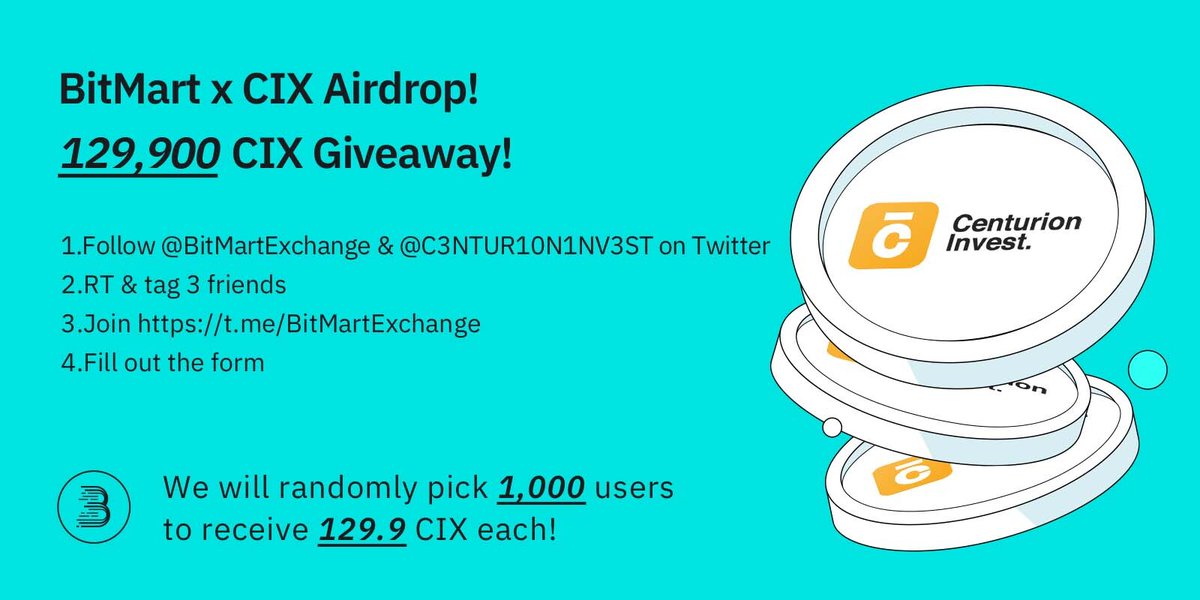 🚀To celebrate <a href="/C3NTUR10N1NV3ST/">Centurion Invest</a> listing, join to win 129,900 $CIX (Approx.$5,000)
 
1⃣Follow <a href="/BitMartExchange/">BitMart</a> &amp; <a href="/C3NTUR10N1NV3ST/">Centurion Invest</a>
2⃣RT &amp; tag 3frds
3⃣Join t.me/BitMartExchange
4⃣Fill forms.gle/rFVKFEud81dRAz…
 
💎1000 lucky winners receive 129.9 CIX each!
⏰By 11:59 PM UTC Dec 16