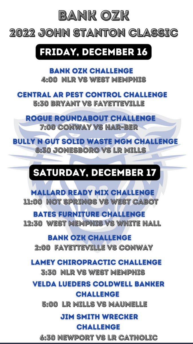 Bank OZK Presents The John Stanton Classic. 15 Teams Showcase Games December 16 - 17 2022 (Friday & Saturday) Place: Conway (Conway High School)