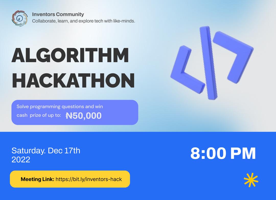 D_INVENTORS's tweet image. Day 1: We will share algorithm questions with all participants via Hackerrank. Put your coding skills to the test and submit your solutions.
Day 2: Moderators will review all submissions and announce the winners.
#Inventorscommunity #17thDecember #Codingskill #AlgorithmHackathon