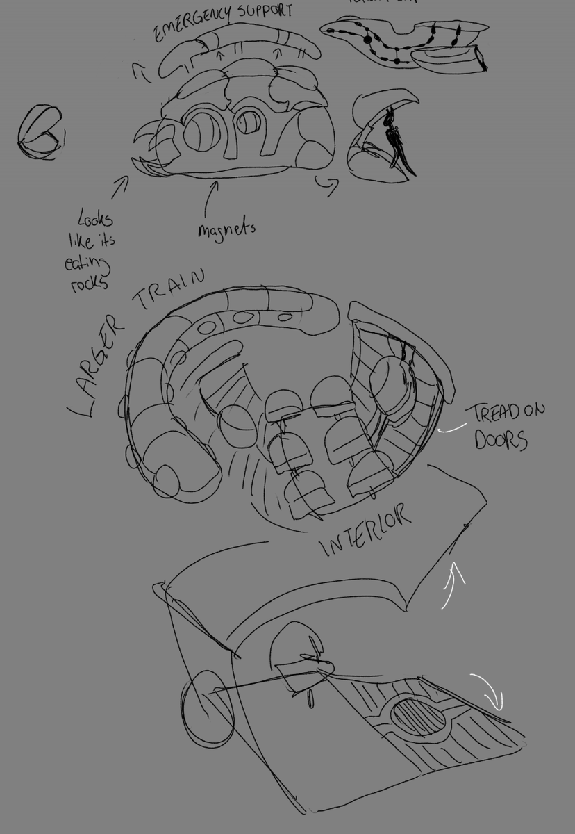 Sketches. Andoria's transportation infrastructure is largely ground based, and travels through most major summits and tunnels on a robust maglev rail. Shuttlebugs and larger trains are modeled after the lifecycle of the drill worm; an extinct megafauna which burrowed through rock