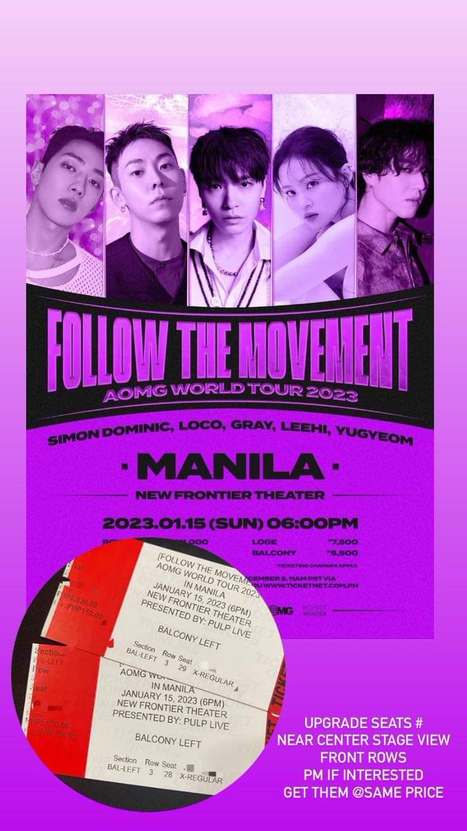 hyunocart's tweet photo. Wts lfb #AOMGinMANILA ticket

Row 3 seat 28 and 29 (balcony left near center view) 
-selling for same price 

#AOMGWORLDTOUR2023inMNL https://t.co/ICsFEuZq5j