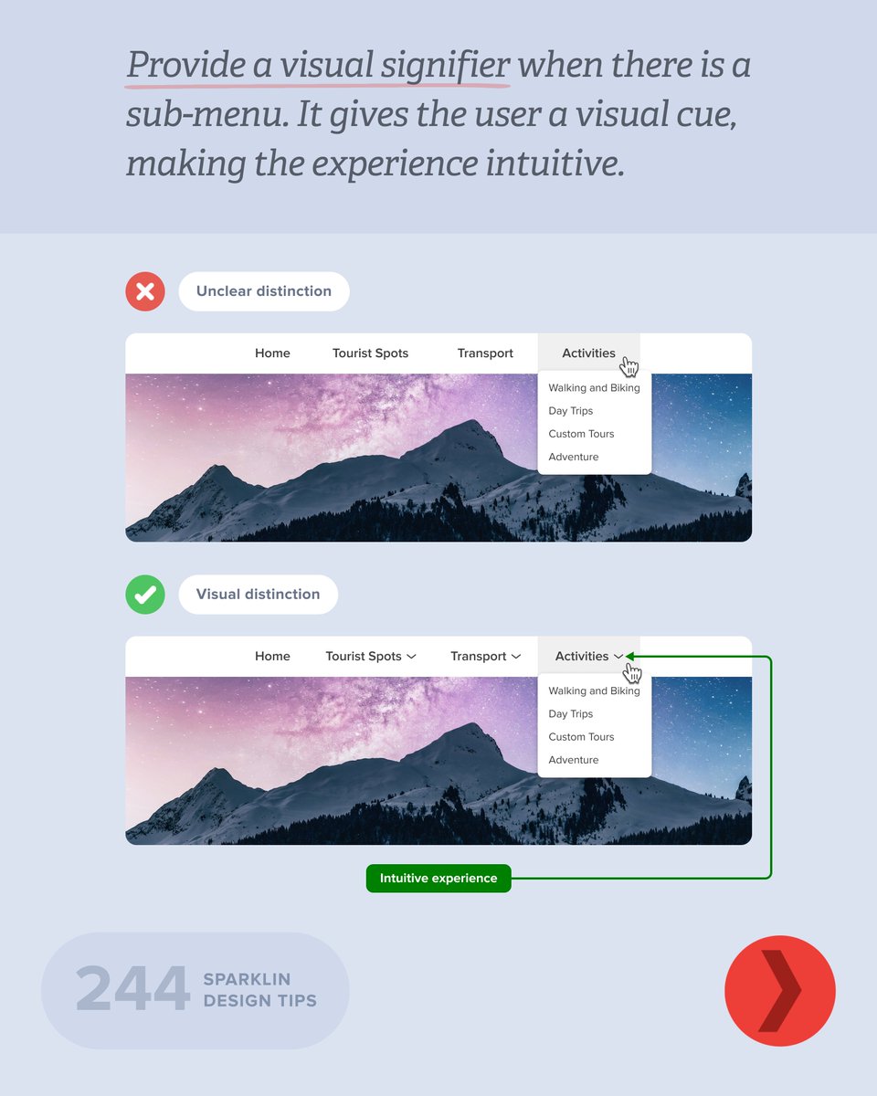 #SparklinDesignTip 244 is a #UI Tip! ✨

Provide a visual signifier when there is a sub-menu. It gives the user a visual cue, making the experience intuitive.
#design #technology #innovation #userinterface #experiencebetter #accessibledesign #ux