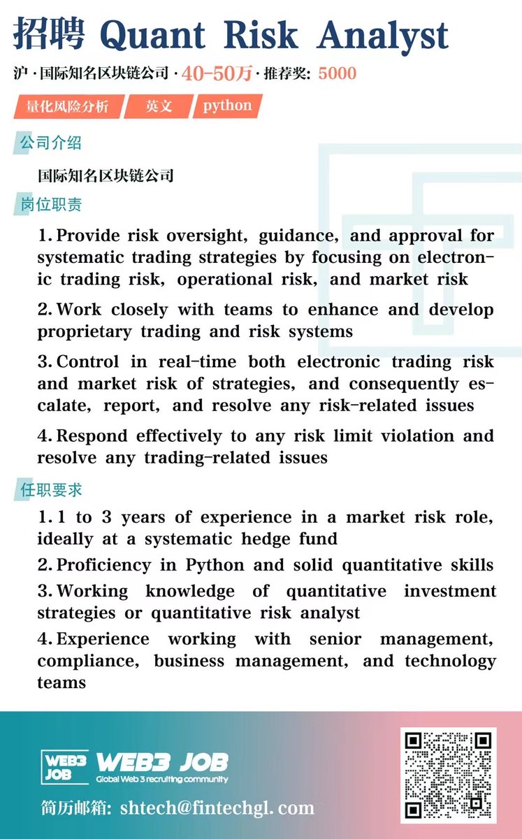 Web3job_1's tweet photo. 【Web3 Job】🔥
- PM | Quant Risk Analyst 🚀
 - 300,000 - 600,000 RMB
- Referral Award:  3000-10,000

More jobs: 300+ Web3 jobs 🚀: https://t.co/tRMswNsuOB

#WEB3 #hiring #crypto #go #blockchian https://t.co/90VXU262sC