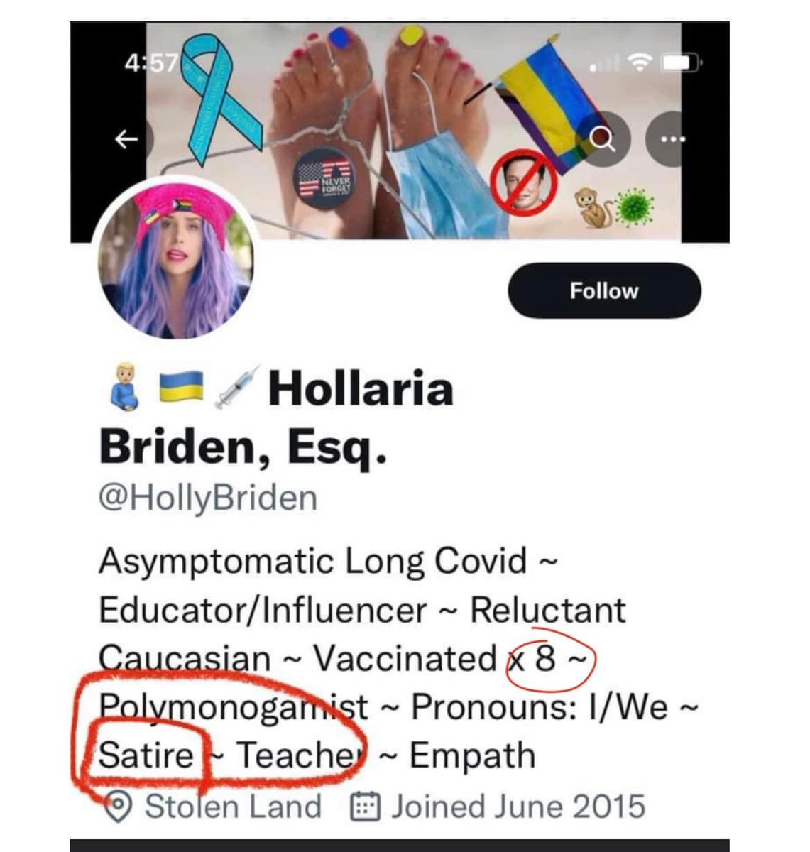 I don’t know whether to believe this or not because it does say “satire”. Regardless, it’s funny either way. “Vaccinated x8”. 😂😂