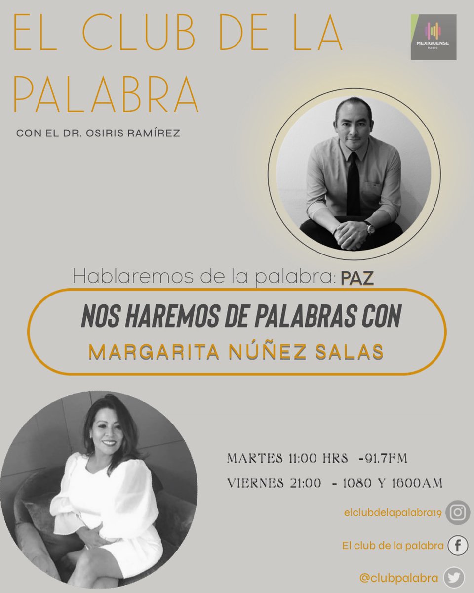 ClubPalabra's tweet photo. Hoy a las 11:00 am, nos Haremos de Palabras con Margarita Nuñez Salas, quien nos hablará acerca de la #Paz.

Sintonízanos en @MexiquenseR https://t.co/xn9dHSX3JF
