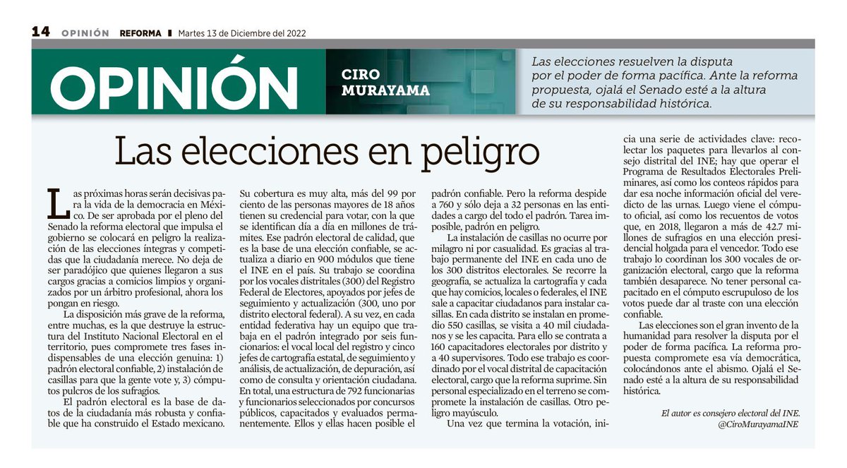 INEMexico's tweet photo. #ParaLeer artículo del Consejero Electoral @CiroMurayamaINE publicado en @Reforma, titulado: “Las elecciones en peligro”. 👇 https://t.co/nQ9C8810wY