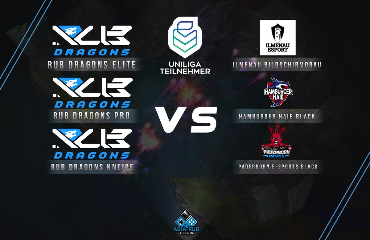 Heutiger Spieltag mit folgender Konstellation:
 
R/UB Dragons Elite vs <a href="/IlmenaueSport/">Ilmenau eSport</a> 
 
R/UB Dragons Pro vs <a href="/HamburgerHaie/">Hamburger Haie</a> 
  
R/UB Dragons Kneipe vs <a href="/eSportPaderborn/">Paderborn E-Sports e.V.</a> 

Start: Heute, 20:00 Uhr

#GoDragons #uniliga #LOL