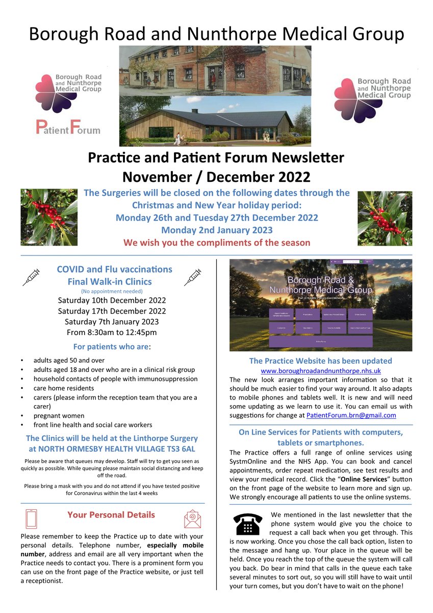 PatientForumBRN's tweet image. We are pleased to share the November/December edition of the Practice/Patient Forum newsletter. Please share! @drslinthorpe @foundationstees @TheCoulbyDoctor @Parkwaydoctors @NENC_NHS @GreaterBoroPCN @econsult_thinks