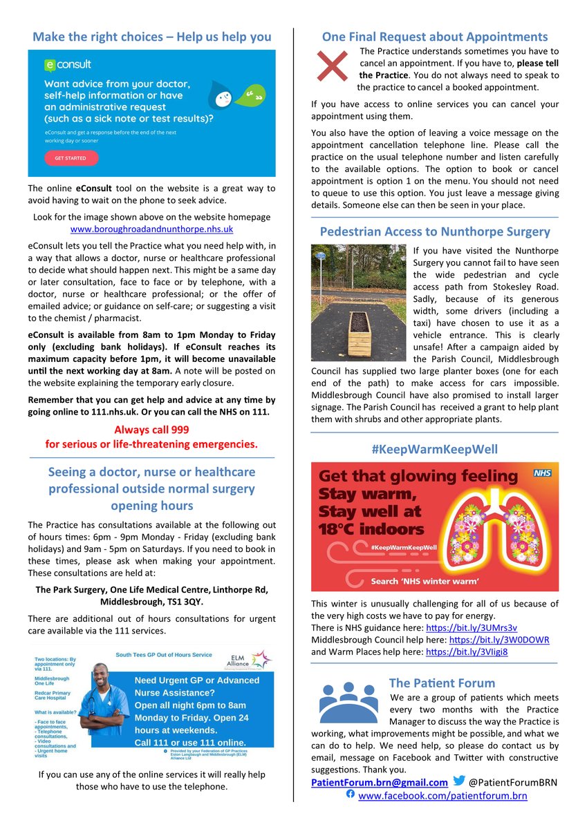 PatientForumBRN's tweet image. We are pleased to share the November/December edition of the Practice/Patient Forum newsletter. Please share! @drslinthorpe @foundationstees @TheCoulbyDoctor @Parkwaydoctors @NENC_NHS @GreaterBoroPCN @econsult_thinks