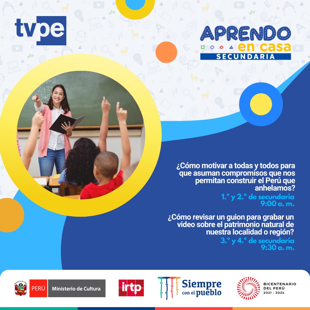 tvperupe's tweet photo. Hoy es el turno de las clases para las alumnas y los alumnos de secundaria en lo mejor de #AprendoEnCasa.
Estos son los temas del día: ⬇️
#LaSeñalQueNosUne https://t.co/KjlYY0aSzW