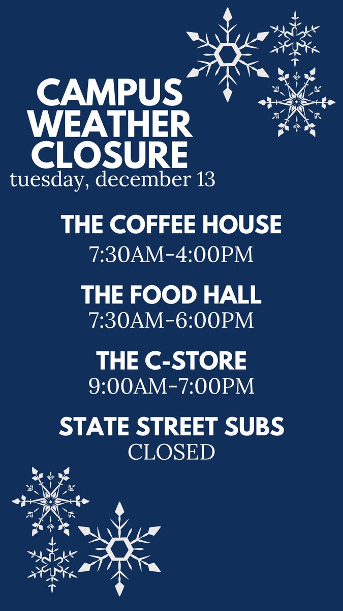Mustang Dining will have altered hours of operation due to the campus closure today, December 13.