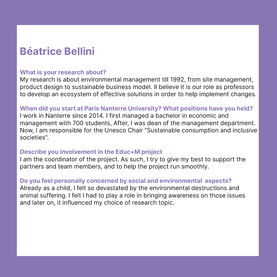 Discover the people behind EDUC+M project in our interview series!
Today, we are glad to present you Béatrice Bellini