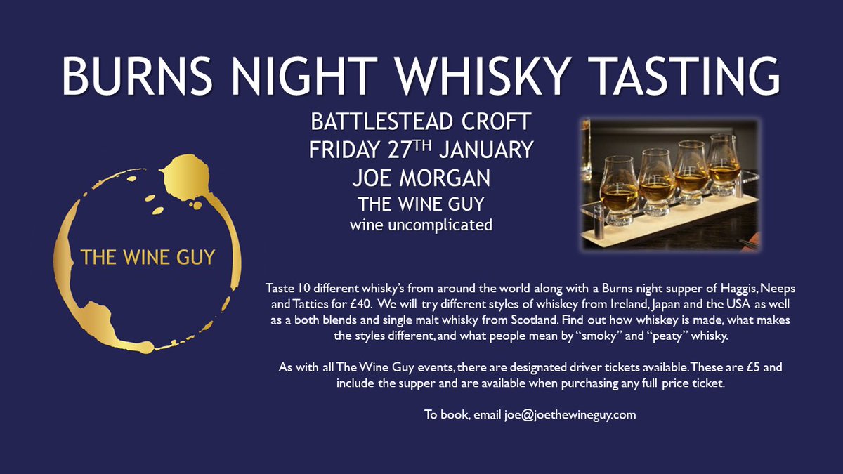 Top Christmas present idea for any whisky lover in South Derbyshire & East Staffordshire. 10 whisk(e)y from across the world accompanied by Haggis, Neeps & Tatties for £40 (designated driver tickets available for £5 including the food) Email joe@joethewineguy.com or DM me to book