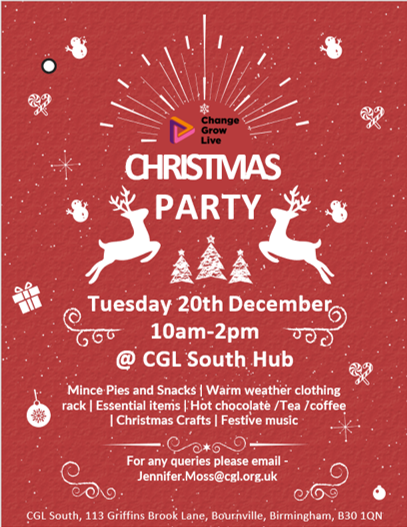 If you're in South Birmingham, come join us for our Christmas Party at your south hub (B30 1QN).  Enjoy the Xmas spirit, have a mince pie, and if you want, have a chat about your recovery.