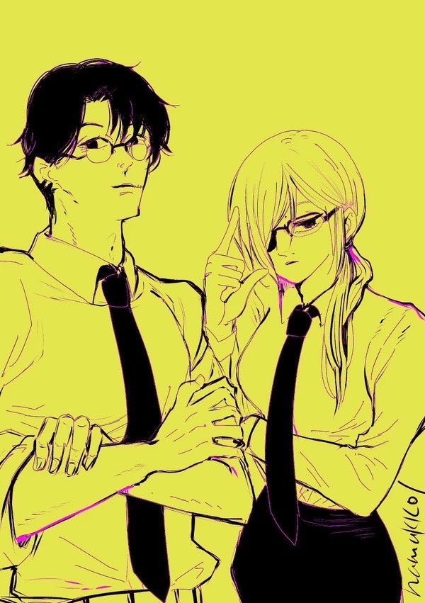 1girl necktie 1boy eyepatch shirt glasses shirt tucked in  illustration images