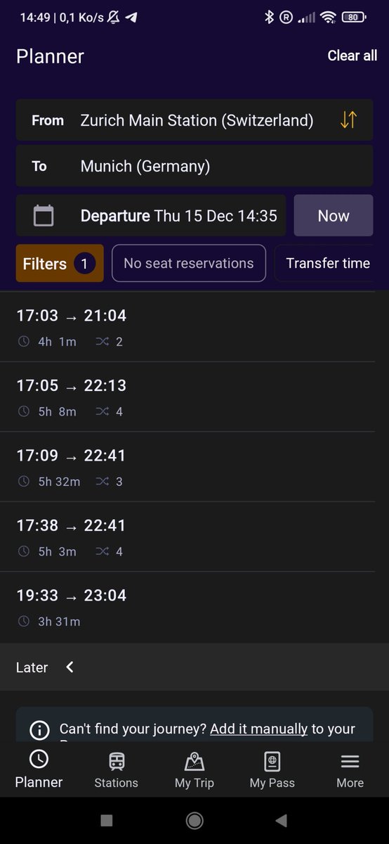 Leodana30's tweet photo. Actually this train (EC 197, Zuerich HB 17:33 15/12/22 --> Muenchen HBF 21:04)  doesn't show up at all in your app.. Any idea why ? https://t.co/dQeyiQ9kbs