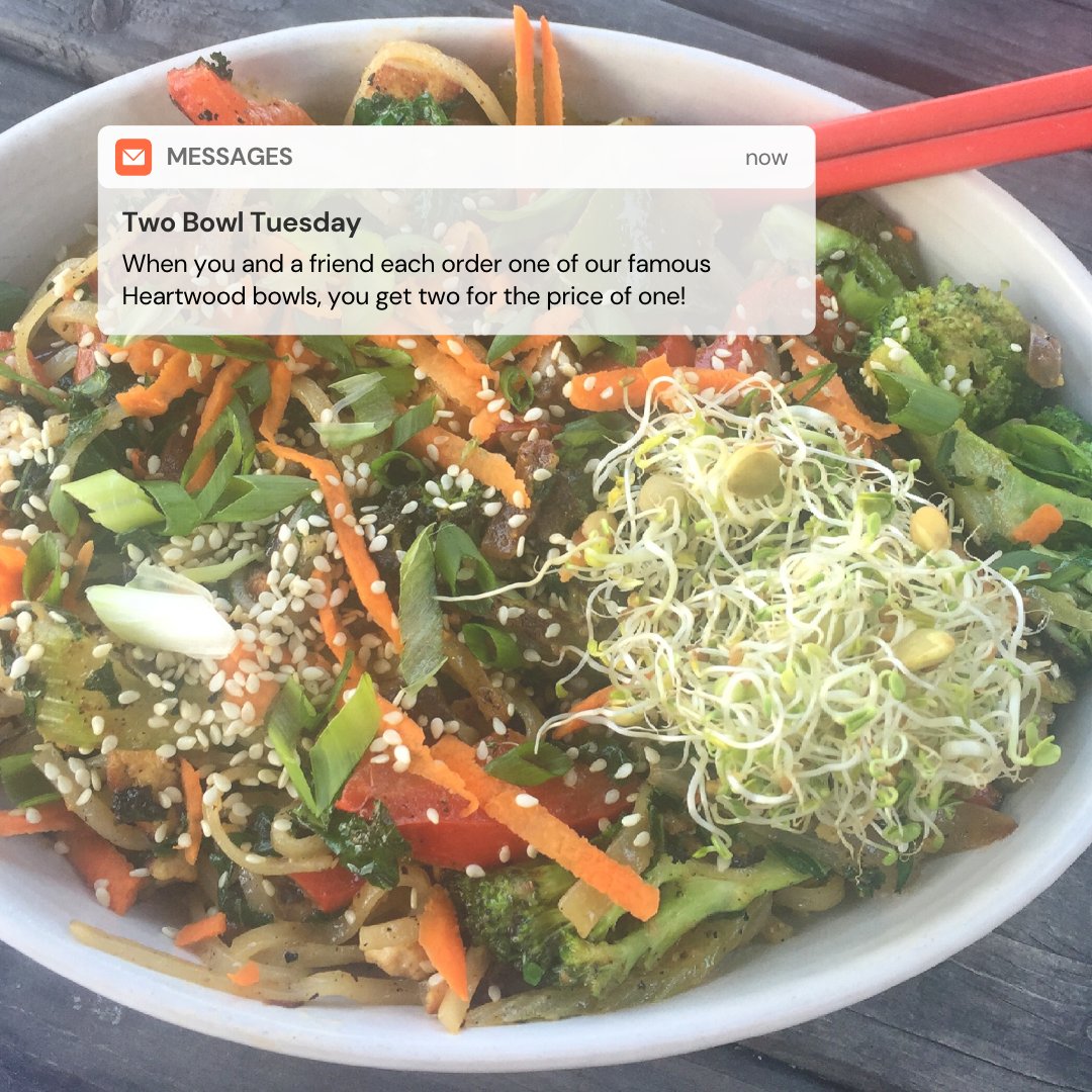 It's Two Bowl Tuesday! 🍛 when you and a friend dine-in and each order one of our famous Heartwood bowls, you get two for the price of one!

See you today 🍅🥕🫑

*this deal is not in conjunction with any other active offers*

#heartwoodhfx #vegan #quinpool #vegetarian #Halifax