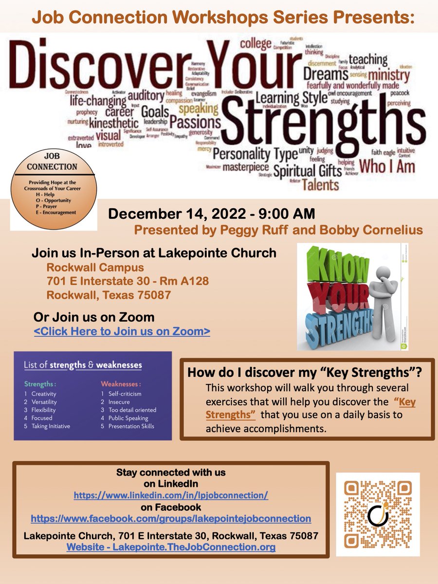 lpjobconnection's tweet photo. Begin Your Career Transition by Discovering Your Strengths
December 14, 2022 - 9:00 AM
Join us In-Person at Lakepointe Church
Or 
Join us on Zoom on Wednesday, 
<Find url for Zoom meeting- https://t.co/JNkGk6CiEn> 
------------
Website - https://t.co/JNkGk6CiEn https://t.co/8zTylz3jO2