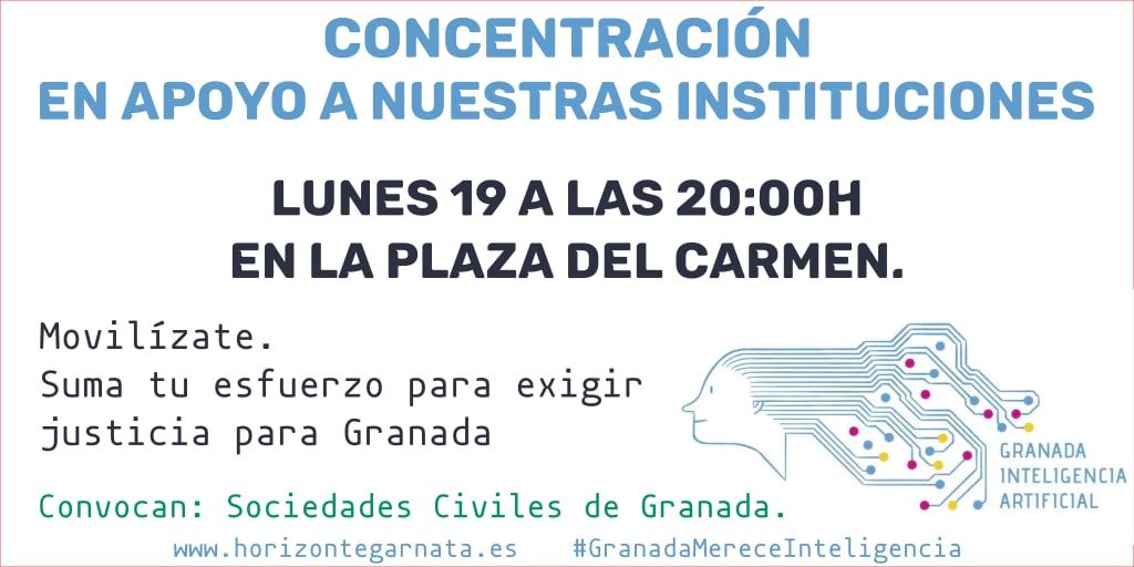 El próximo lunes 19 tienes un cita con #Granada. Movilízate en apoyo a nuestras instituciones para que defiendan nuestra candidatura a la #AESIA hasta el final. 
Ya que los políticos no lo hacen, la sociedad civil se concentra. ¿Te vas a quedar en casa? #GranadaMereceInteligencia