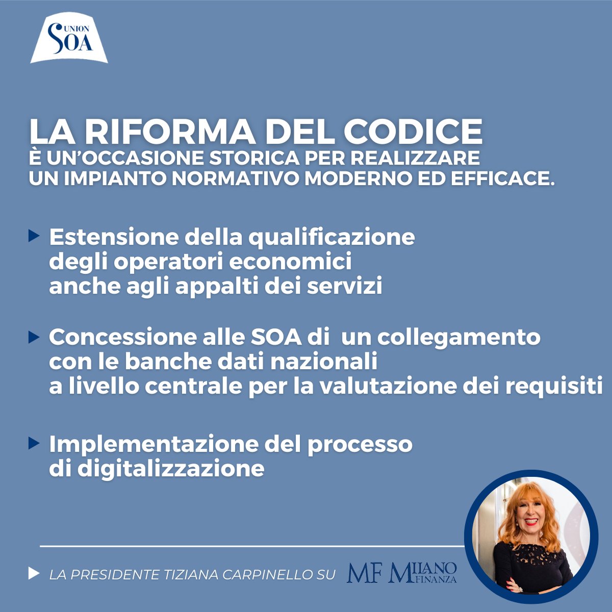 La riforma del Codice rappresenta un’occasione storica per realizzare un impianto normativo moderno ed efficace. 

L’intervista di Tiziana Carpinello, Presidente UNIONSOA su <a href="/MilanoFinanza/">MilanoFinanza</a>. ➡️ milanofinanza.it/news/codice-de…  
1/5