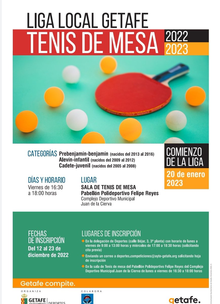 DeporteGetafe's tweet photo. Te gusta el #TenisDeMesa ❓❓❓
Hasta el 23 de diciembre te puedes inscribir en el Campeonato Local 🏆🏓 que pondremos en marcha el 20 de enero de 2023 con la colaboración del @ctmgetafe.
¡¡¡ TE ESPERAMOS !!! 😉
#Getafe #Deporte #DeporteenGetafe #GetafeVuela #FlyGetafe https://t.co/4Fv8pO6EoU