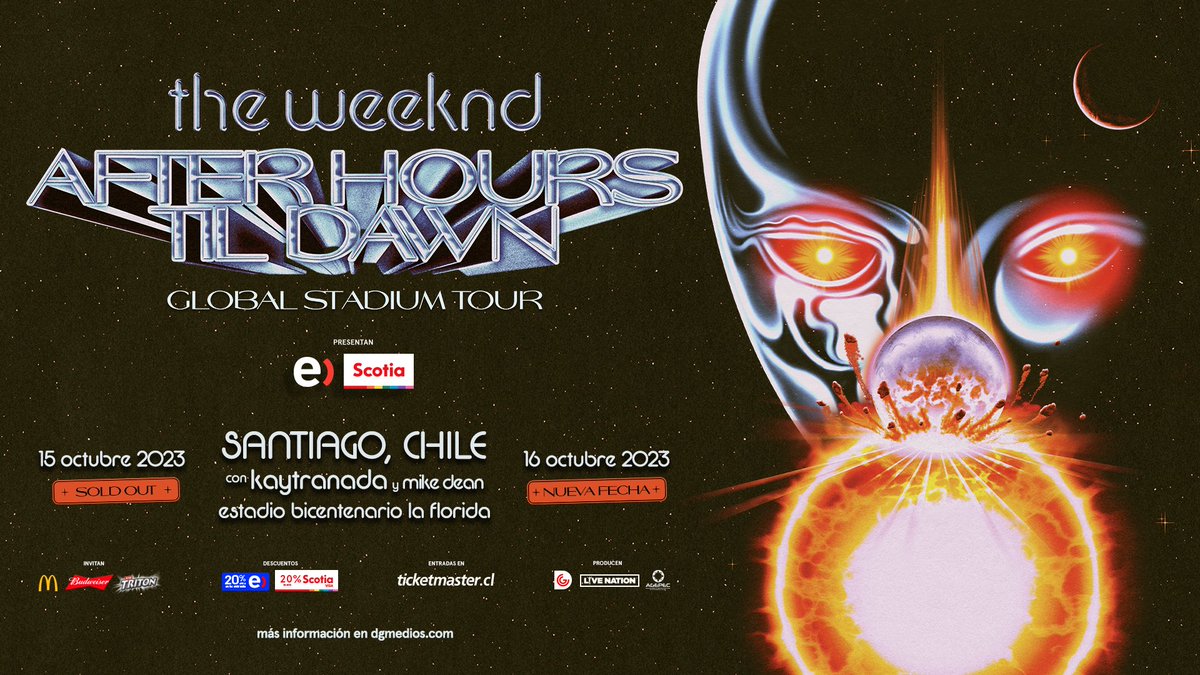 dgmedioschile's tweet photo. ¡SEGUNDA FECHA DE @theweeknd EN CHILE! 🤩 Y se suman como invitad@s @KAYTRANADA y @therealmikedean para ambas fechas 🎉

➡️ Preventa clientes @entel o pagando con tarjetas @Scotiachile 14 de dic 11 am
➡️ Venta general 15 de dic 11.01 am
🔗 Más info en https://t.co/4y89GHNzy5 https://t.co/52sXEK3ZGc