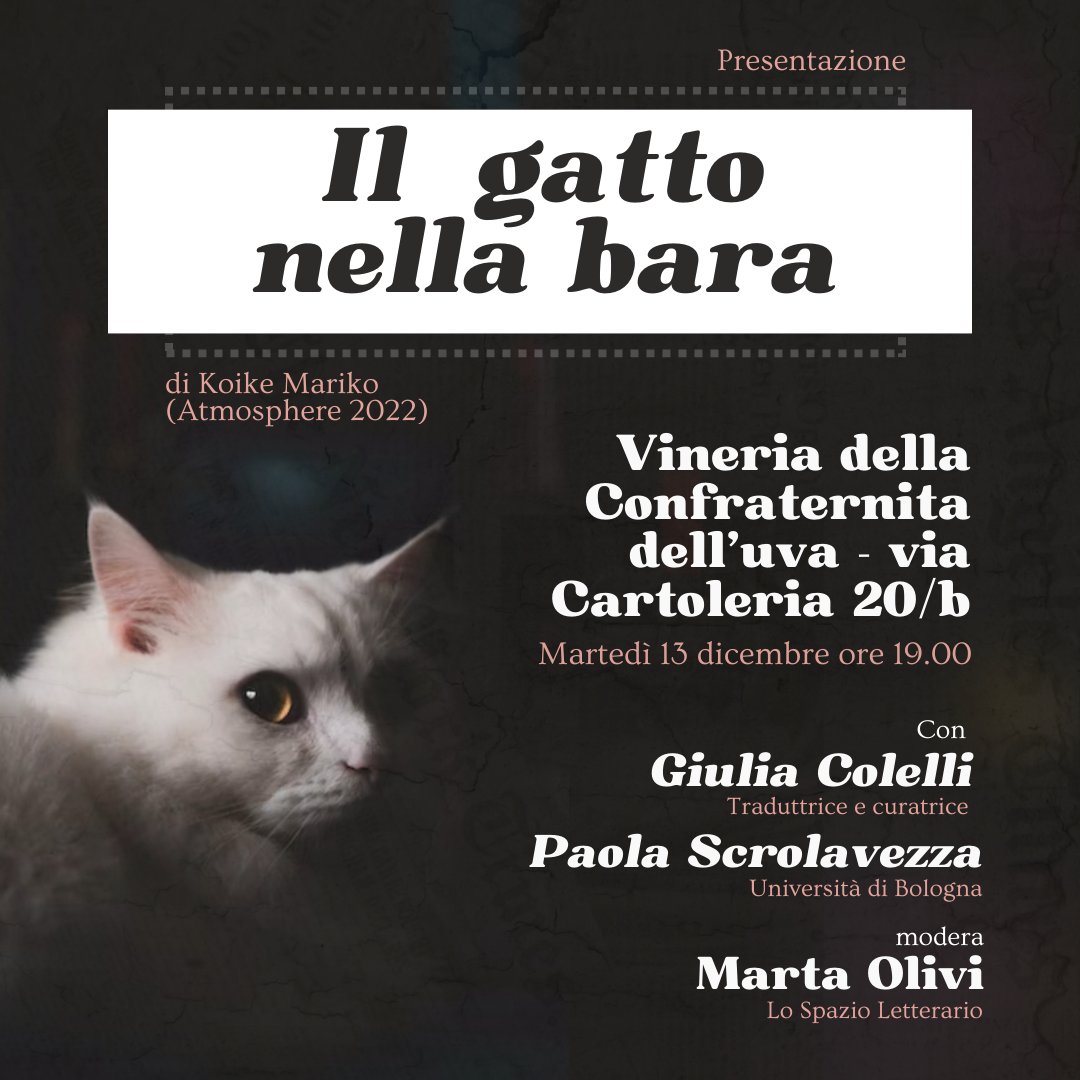 ⌚️ Manca sempre meno! Vi aspettiamo alle ore 19:00!

🔍 Parleremo di "Il gatto nella bara" di Koike Mariko (<a href="/atmospherelibri/">Atmosphere libri</a>) insieme alla traduttrice e curatrice <a href="/libricin/">jules c.</a>, la nostra <a href="/PScrolavezza/">paola scrolavezza</a> e a <a href="/m_andorla/">Marta Olivi</a> che modererà la discussione!

Più info: 
facebook.com/nippopbologna/…