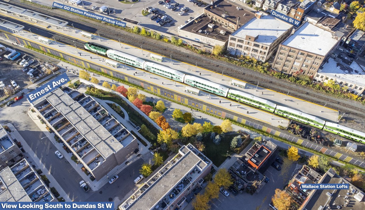 Check out this aerial view of the future Ernest #Park - a 740 sq. meter community space that will be built along the West #Toronto Railpath, as part of the #Kitchener Fourth Track project. The project will also increase 🛤 capacity and bring more service on the #Kitchener Line.