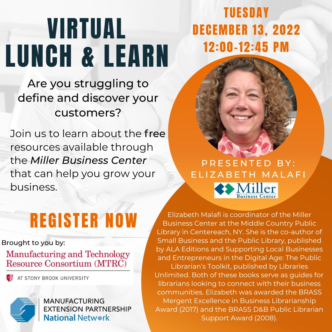 LIMEP_SBU's tweet photo. TODAY register for our Virtual Lunch &amp; Learn  FREE Resouces Are you struggling to define and discover your customers? @MillerCtr #Manufacturing #mtrc #nymep #longisland https://t.co/b1dzIbwR6L https://t.co/Z6QPsoAQ4U