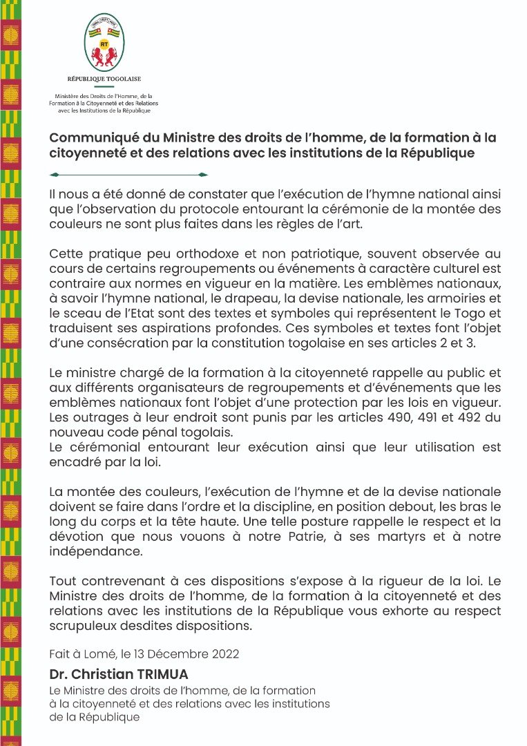 PrimatureTogo's tweet photo. #Togo, face aux actes inciviques lors de l'exécution de l'hymne national et la montée des couleurs, le ministre en charge de la formation à la citoyenneté rappelle la posture à adopter lors de ce cérémonial et les sanctions prévues pour son non respect. https://t.co/CSbpKLNNgY