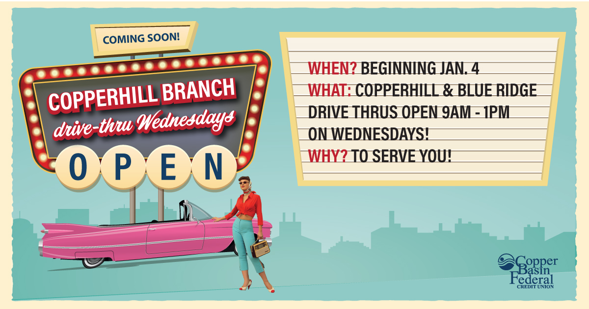 cbfcreditunion's tweet photo. New Copperhill Branch Wednesday Hours COMING SOON!📣

We're excited to announce the drive-thru will be open at our Copperhill branch beginning Jan. 4th! Both branches will be open (drive-thru only) 9am - 1pm on Wednesdays. Come see us. 🚗💸 #copperhill #CBFCU https://t.co/w9r5sKZH1H