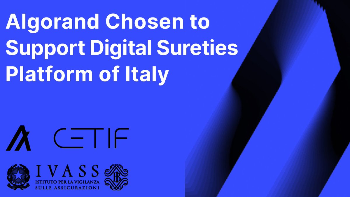 Just in: Algorand has been selected to be the public blockchain that will support an innovative digital guarantees platform in Italy. 

This new Digital Sureties platform is being developed by @Cetif1 and endorsed by <a href="/bancaditalia/">Banca d'Italia</a> and <a href="/ivassocial/">IVASS</a>: prnewswire.com/news-releases/…