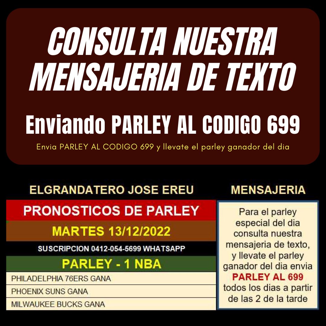 El_Gran_Datero's tweet photo. DATOS DE PARLEY MARTES 13/12/2022 ELGRANDATERO
#PARLEY #NBA #NHL #MLB #FUTBOL #PARLEYGRATIS #DATOSDEPARLEY #PARLEYFIJO #PARLEYSEGURO #PARLEYDEHOY #DATOSDEPARLEY https://t.co/ptr8UWvJ1U