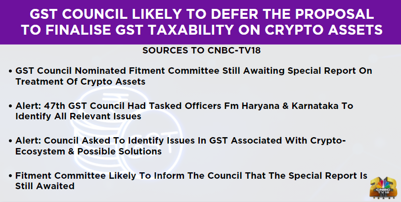 CNBCTV18Live's tweet image. #CNBCTV18Exclusive | GST Council likely to #defer the proposal to finalise #GST taxability on #crypto assets, sources tell @TimsyJaipuria 

Here's more👇