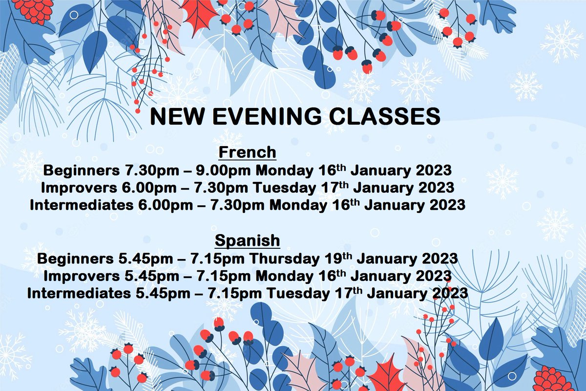 AtlanticLang's tweet photo. We are happy to confirm the dates of our January 2023 French and Spanish evening courses.
If you would like to enroll, you can book online here: https://t.co/wn4XsEHQ1W https://t.co/MIr32euPrw