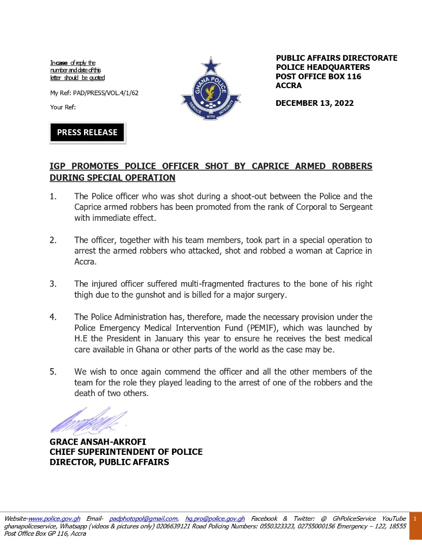 GhPoliceService's tweet image. NEWS RELEASE:

IGP PROMOTES POLICE OFFICER SHOT BY CAPRICE ARMED ROBBERS DURING SPECIAL OPERATION