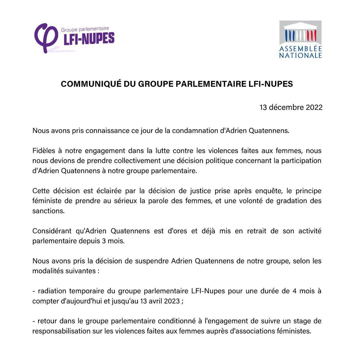 Se mettre en arrêt maladie pour continuer de toucher ses indemnités après des violences sur sa femme c’est une mise en retrait ? Son arrêt est dc prolongé 4 mois ? Je demande, que nous sachions comment LFI veut procéder. C’est de l’argent public, ça nous concerne toutes et tous.