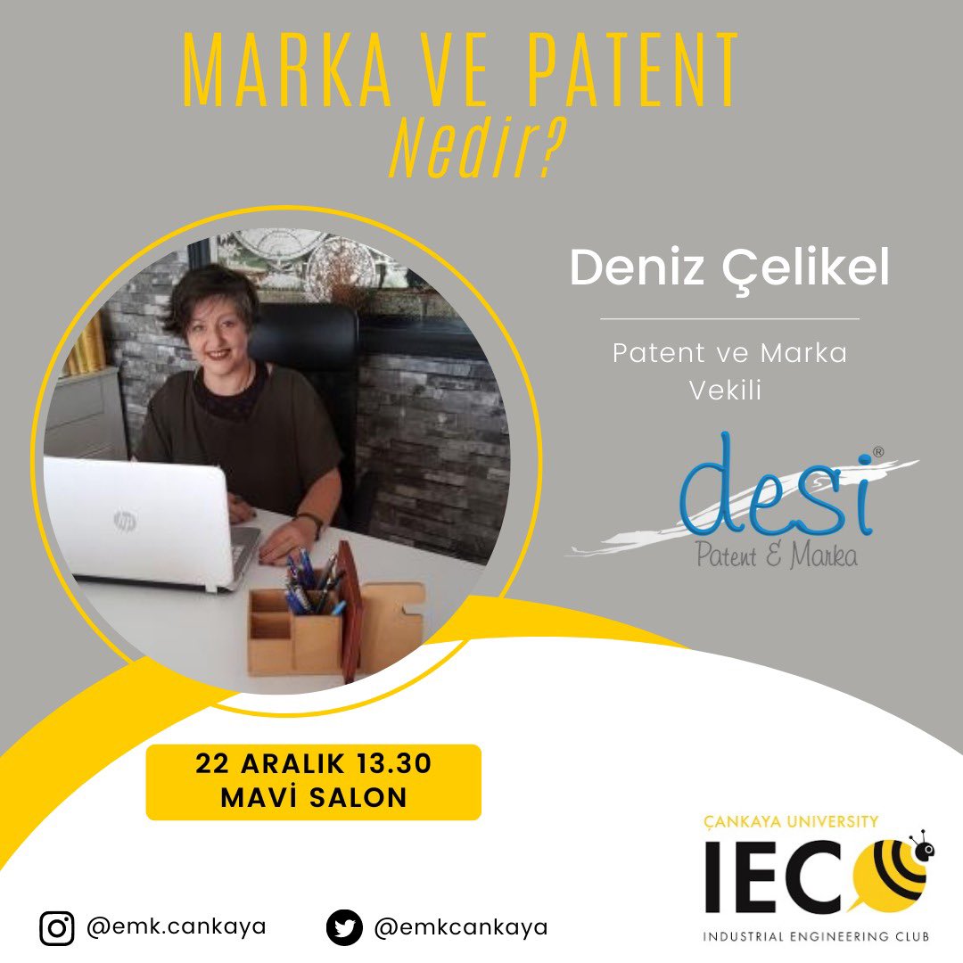 Merhaba arkadaşlar✨
22 Aralık Perşembe günü 13.30’da Mavi Salonda Deniz ÇELİKEL ile gerçekleştireceğimiz “Marka ve Patent Nedir?” konulu seminerimize davetlisiniz!💫
Hepinizi bekliyoruz! 🤩

📌 Katılım formu: forms.gle/xND6kD3tNK42qS…