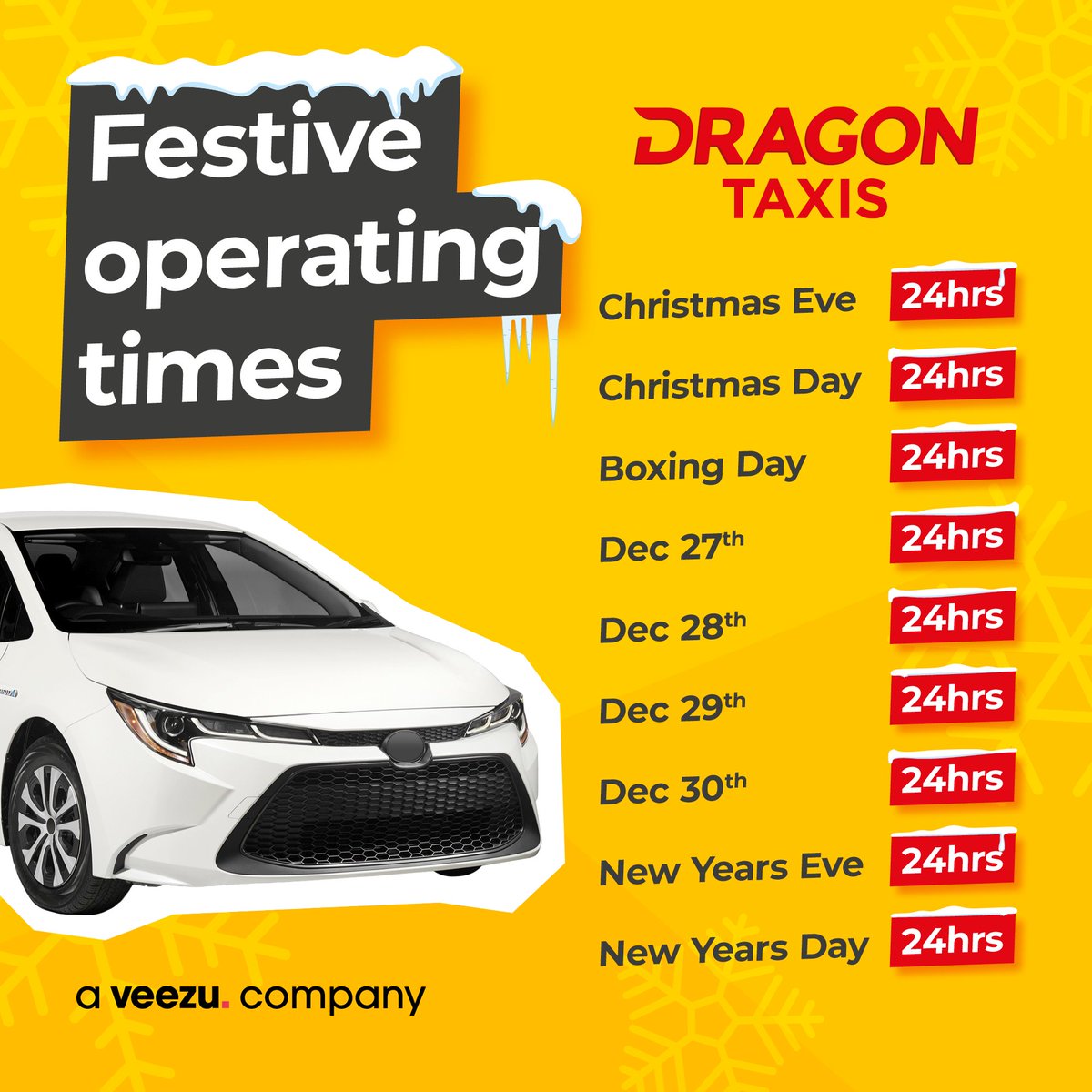 Serving our local communities all day, every day, even on Xmas day 🎅 Book here appsend.me/dragon-taxis

Seasons greetings to all the incredible driver-partners and call advisors operating around the clock to keep our local communities moving safely and efficiently!