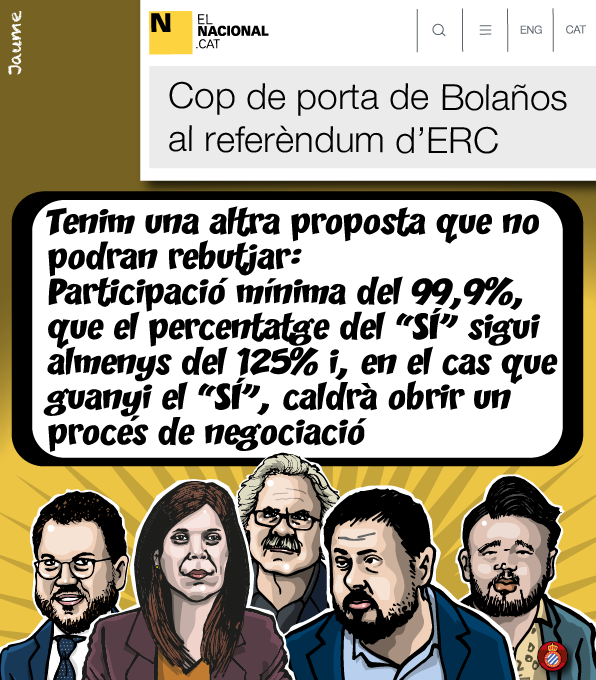 Si et sembla bèstia, pregunta per la veritat. Referèndum amb el 50% de participació. Crec que els mossos vindran a buscar-te a casa per obligar-te a votar. I a més 55% del vot afirmatiu, perquè el 53% no guanya al 47%, ara treballem amb matemàtiques per analfabets.