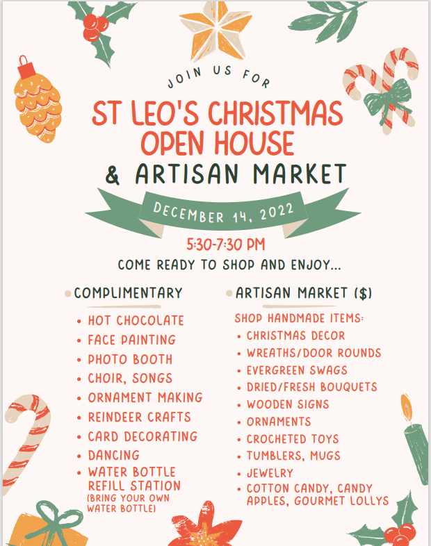 A reminder <a href="/stleocatholic/">St. Leo</a> families, tomorrow is our Christmas Open House! We are so excited to see everyone, enjoy some Christmas activities, and share in the joy of the season! We are taking our final donations for SSVP and the Tree of Warmth! Even get some last minute gifts!