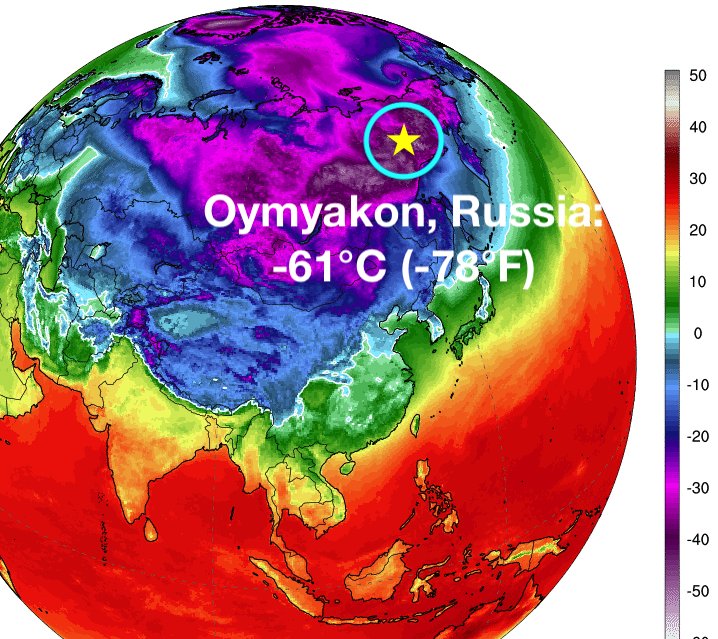 WeatherWupk's tweet photo. 😱
Oymyakon, the coldest town on Earth, dropped to a bone-chilling -61°C (-78°F).
That is the Russian town's coldest December day in nearly 40 years.
Weather Updates PK / Karachi Doppler https://t.co/mSgWx0GFXW