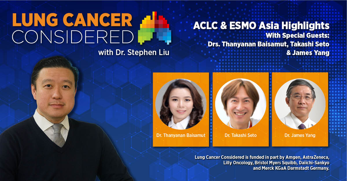 IASLC's tweet photo. In this episode, @StephenVLiu  discusses the #ACLC22 &amp; #ESMO22 meetings w/guests Dr. James Yang (National Taiwan University Hospital), @reungwetwattana (@Ramathibodi &amp; @MahidolU), &amp; Dr. Takashi Setothor (National Kyushu Cancer Center). Listen: https://t.co/KUq321rUo7 #LCSM https://t.co/65CugQlknm