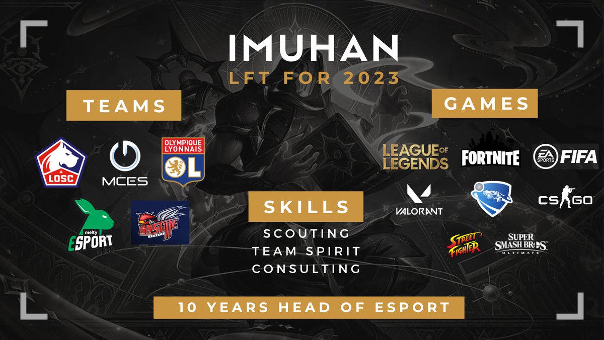 LFT Head of esports 🇫🇷/🇪🇺
I am still in contract with <a href="/MCES_officiel/">MCES Officiel</a> but I am looking for a new team as Head of esports for 2023. 

📌10 years of experience in esport

📩References and resume on request.
Contact me through DM or imuhanrs@gmail.com

♥ RT &amp; FAV appreciated