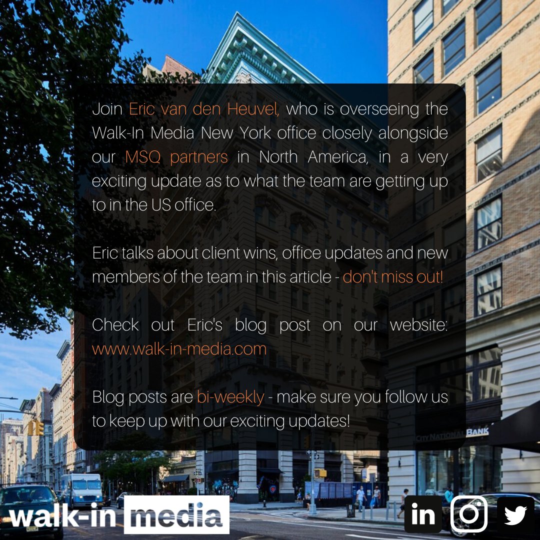 media_walk's tweet photo. Join Eric, who is overseeing the Walk-In Media New York office, in a very exciting update as to what the team are getting up to in the US office.

Blog posts are bi-weekly - Follow us for more updates!

#newyorknewyork #marketingagency https://t.co/qOc1rSaplu